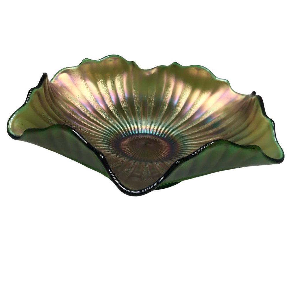 Carnival Glass Bowl Decorative Dish w/ Green Iridescent Pattern 10" Diameter